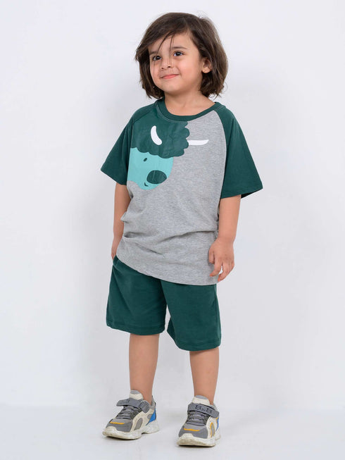 Oversized Mighty Monster Raglan Cotton Short Set (Green-Gray)